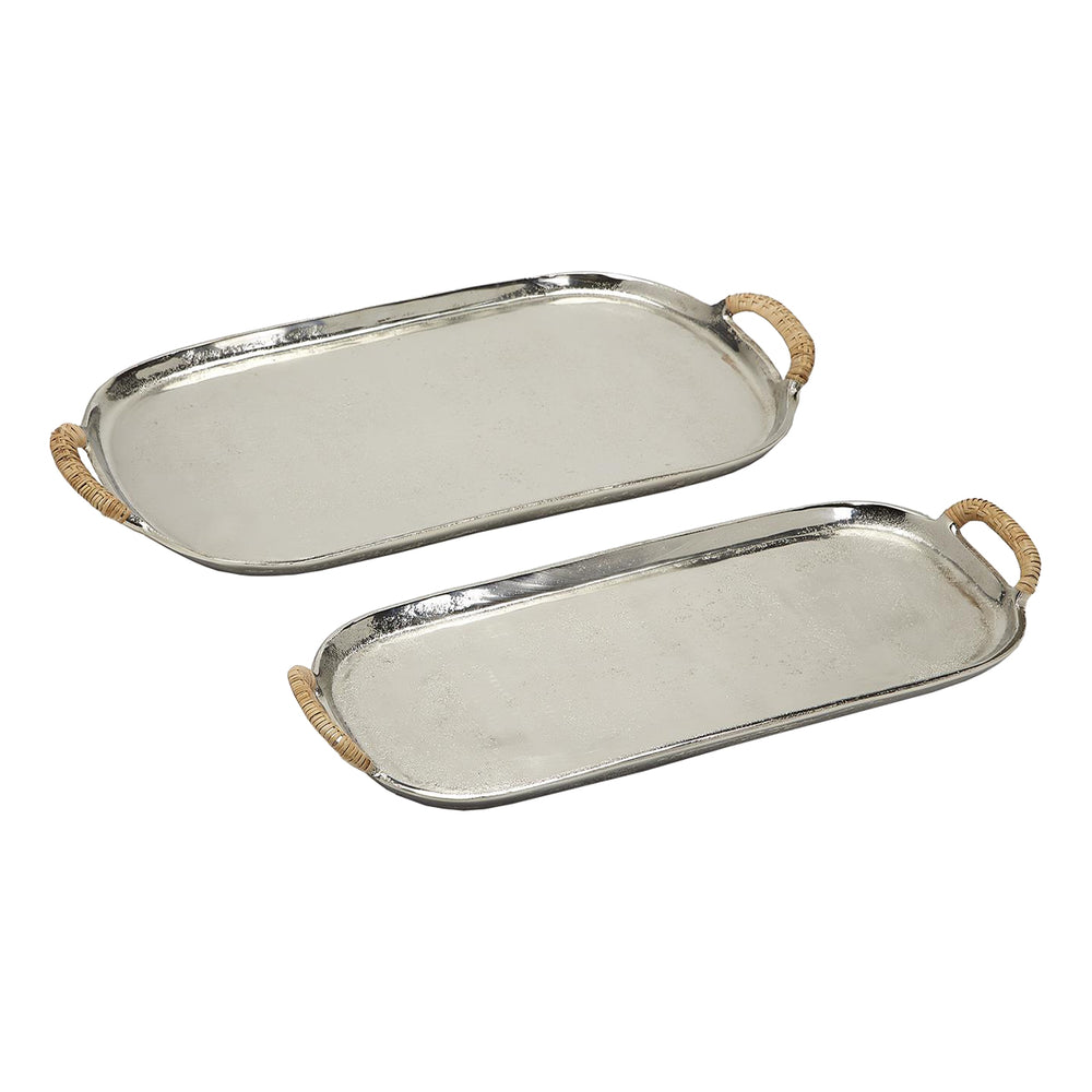 Silver and Rattan Tray Pair